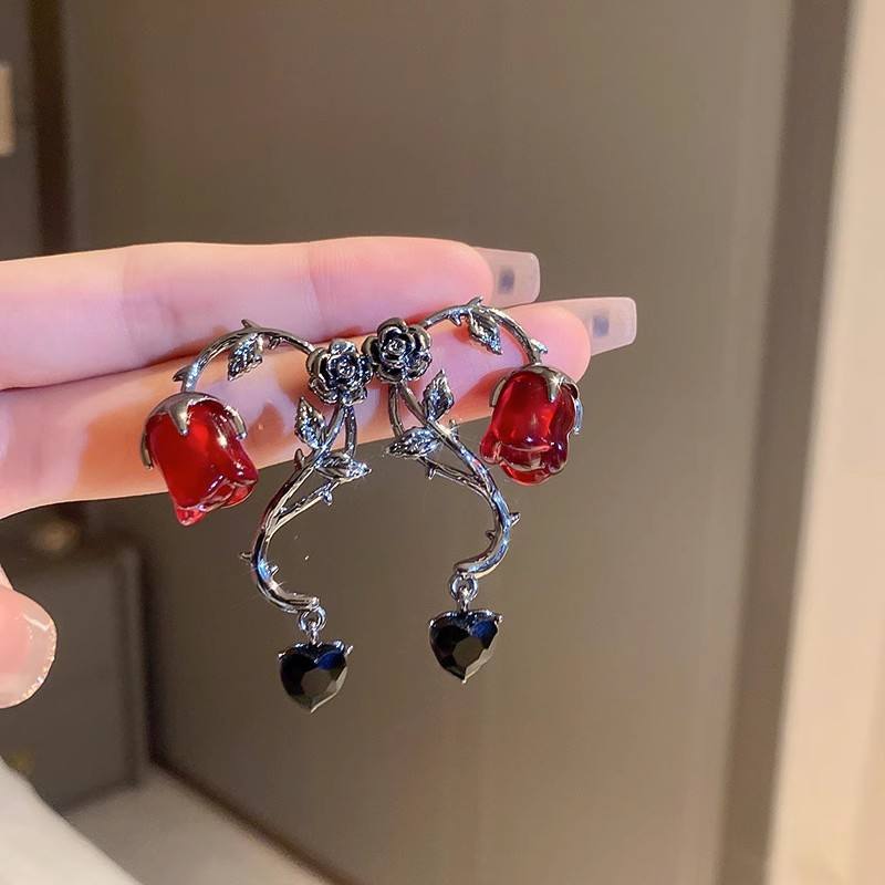 High-End Dark Vibes Liquid Rose Goth Style Earrings