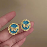 Vintage Retro Gold Butterfly Enamel Stud Earrings