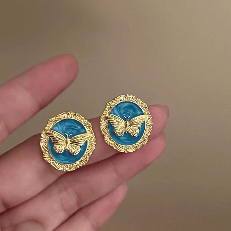 Vintage Retro Gold Butterfly Enamel Stud Earrings