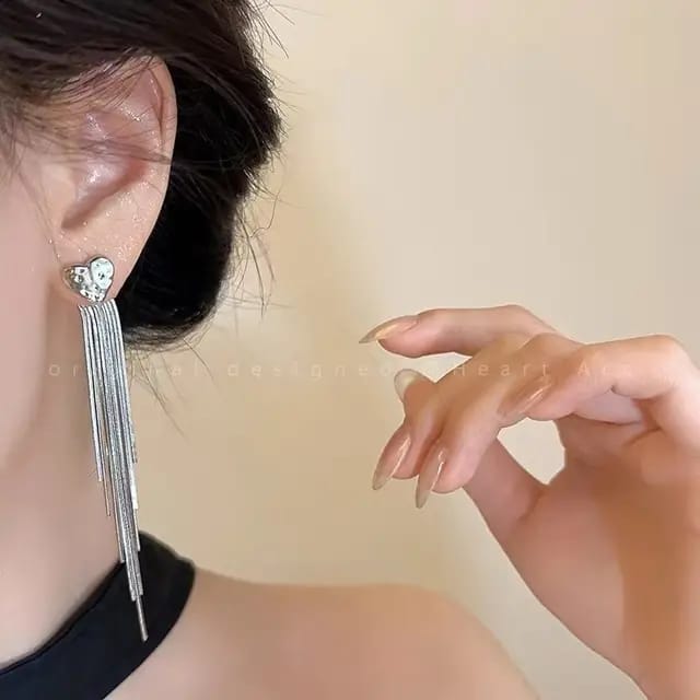 Heart Long Silver Tassel Earrings