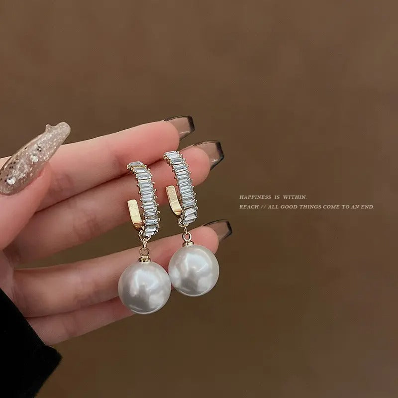 Clip Diamond Hoop Pearl Drop Earrings