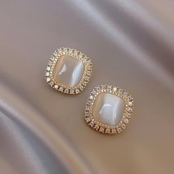 Sparkling Rhinestone Opal Square Stud Earrings