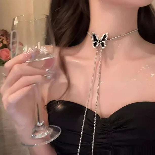 Adjustable Black Butterfly Long Chain Necklace