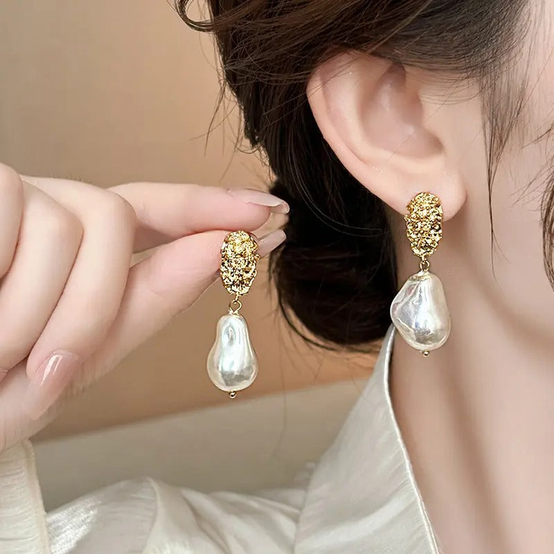 Asymmetric Pearl Drop Gold Foil Earrings