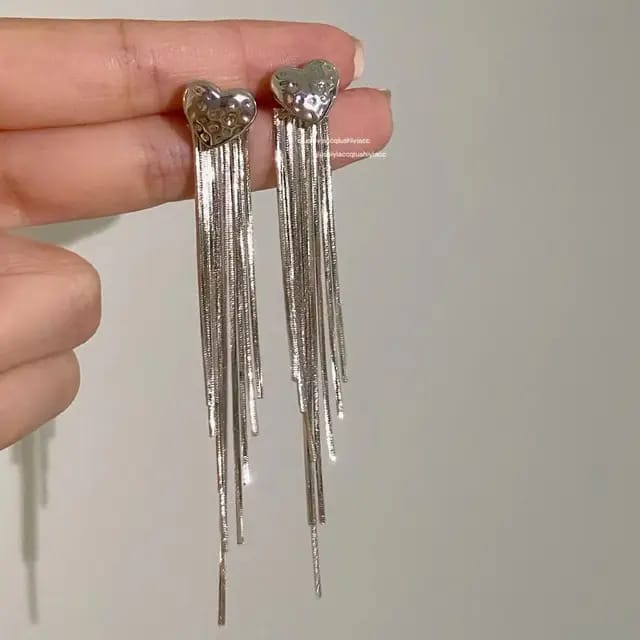 Heart Long Silver Tassel Earrings