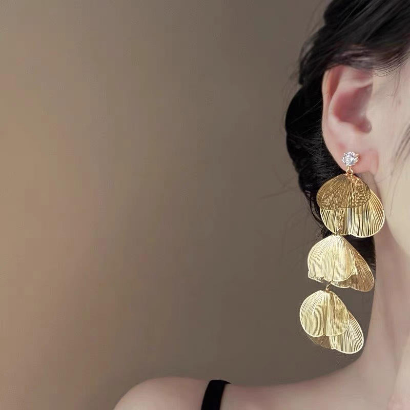 Exaggerated Petal-Shaped Metallic Drop Long Earrings
