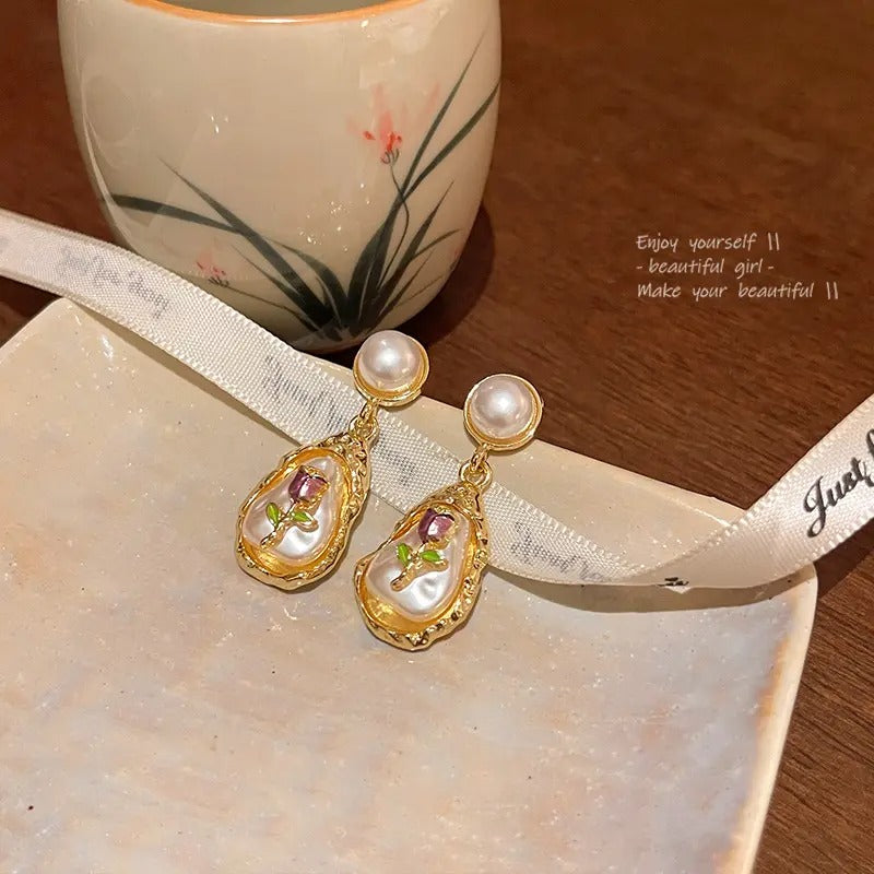 Oil Painting Style Oval Enamel Baroque Pearl Drop Earrings