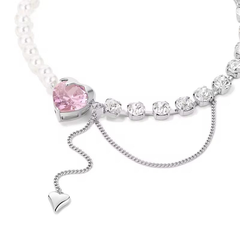 Pink Heart Pearl Chain Necklace