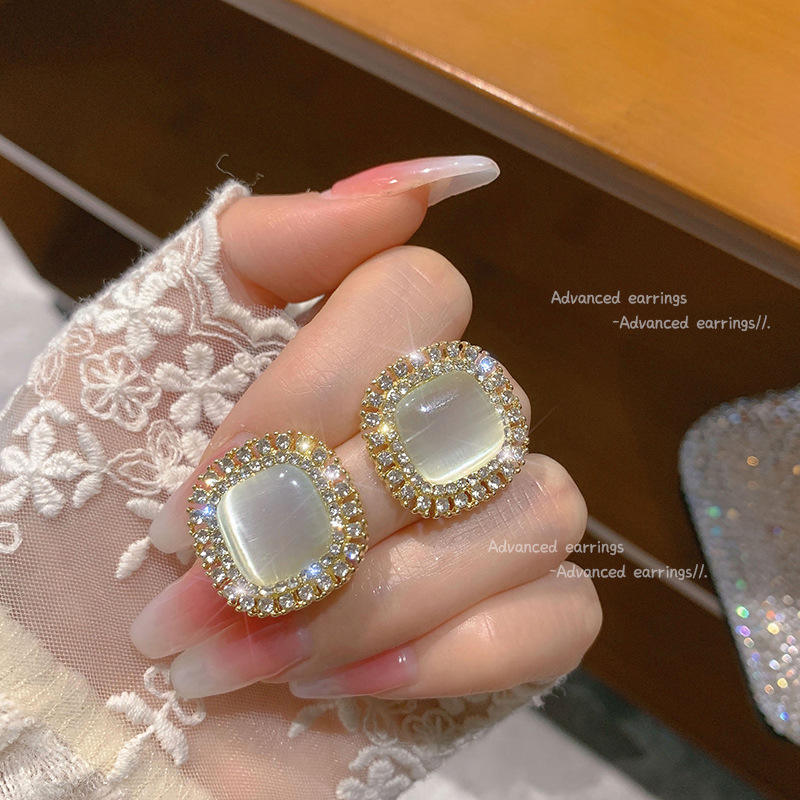 Sparkling Rhinestone Opal Square Stud Earrings