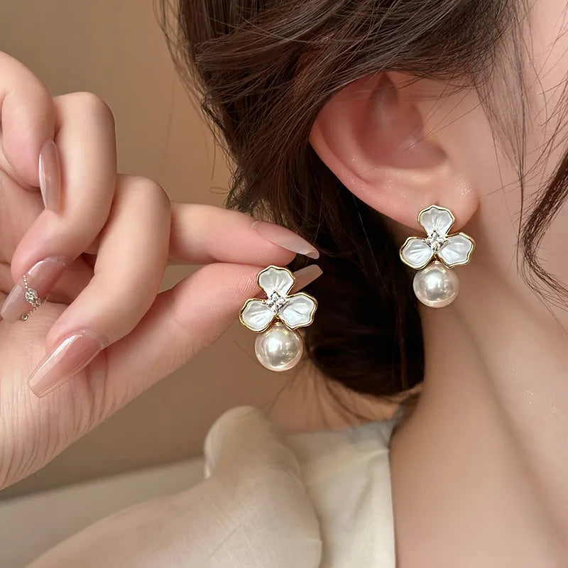 Floral Pearl Drop Earrings – Elegant White & Statement Studs