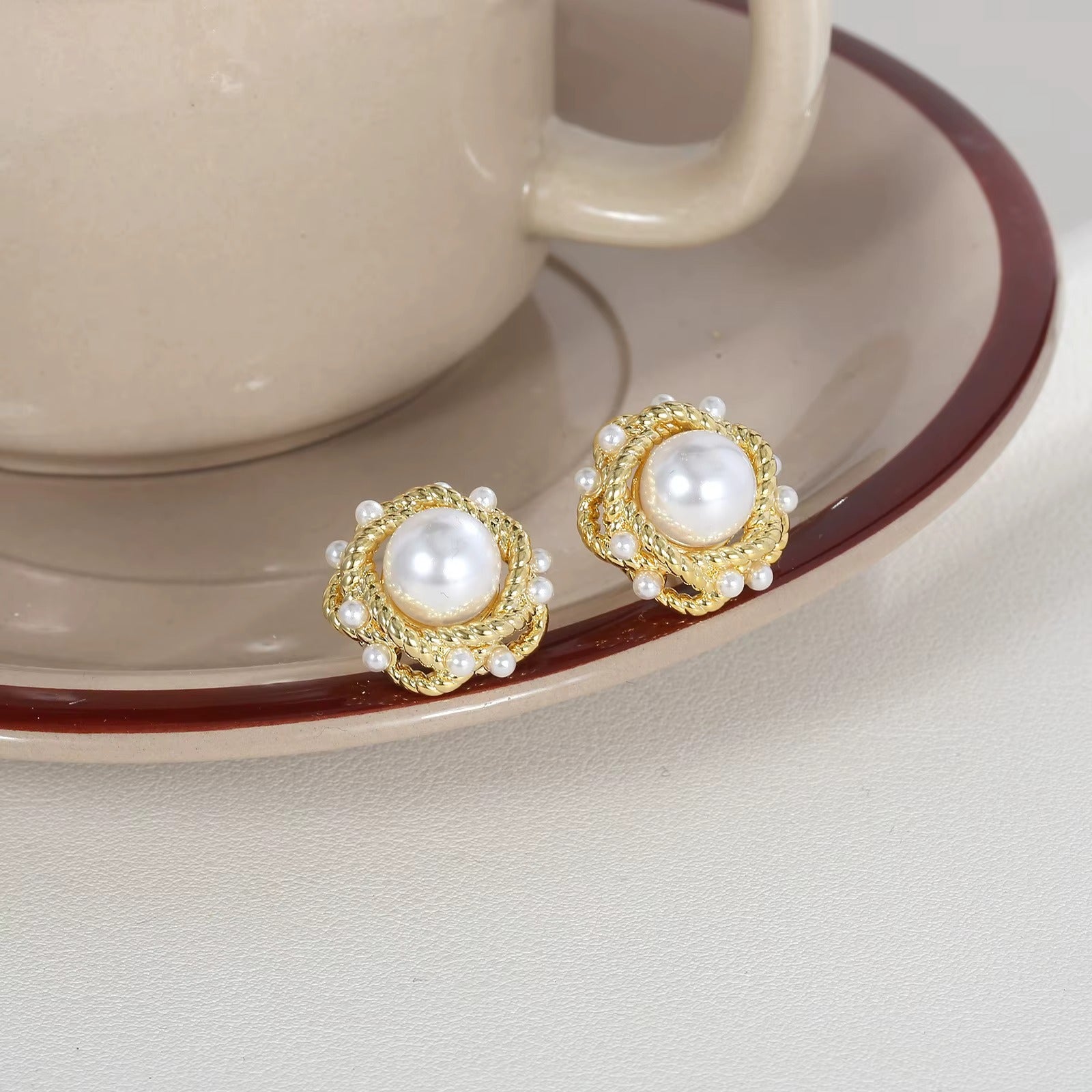 Camelia Flower Pearl Stud Earrings
