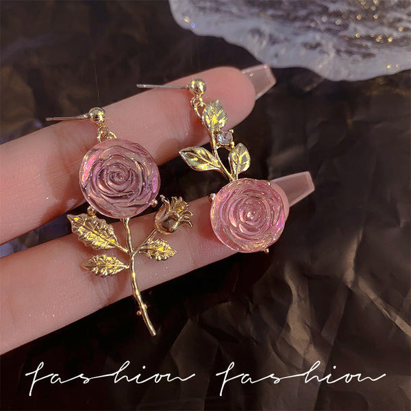 Sweet Pink Rose Asymmetric Earrings