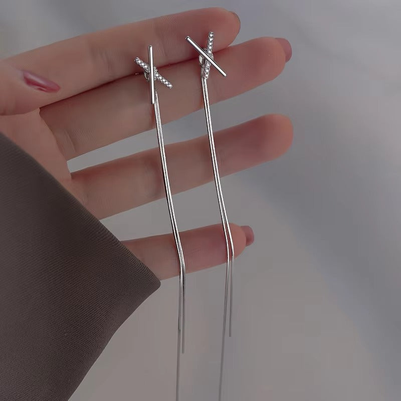 Cross Design Long Fringe Earrings