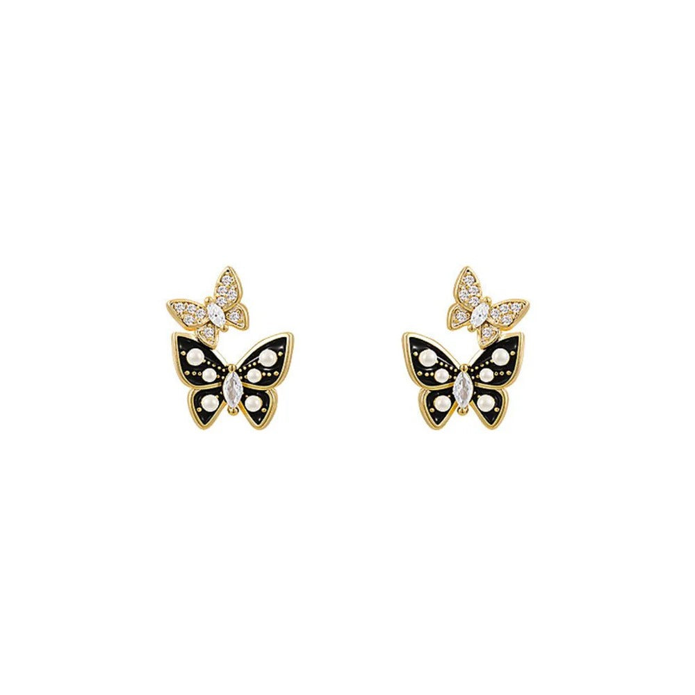 Dual Butterfly Drip Glaze Pearl Stud Earrings