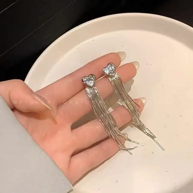 Heart Long Silver Tassel Earrings