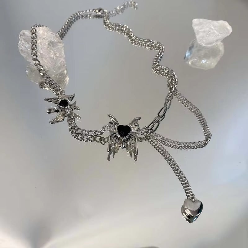 Black Butterfly Heart Tassel Necklace