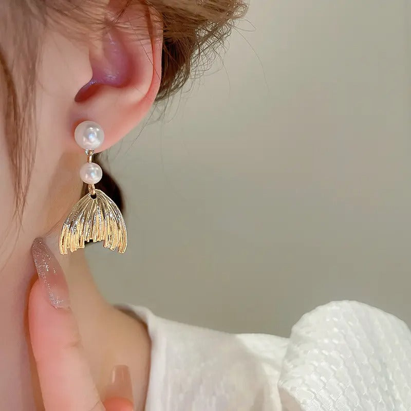Metal Pearl Fishtail Drop Earrings