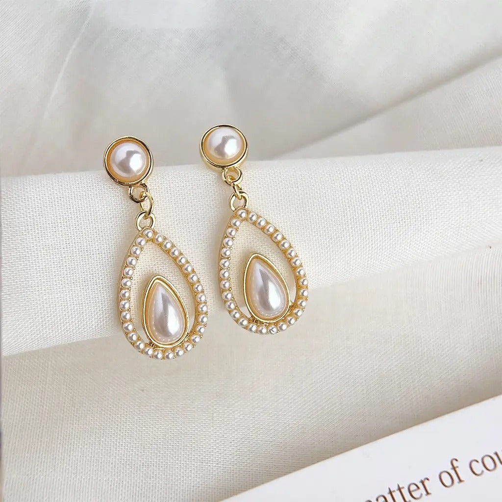 Pearl Tear Drop Geometric Hollow Earrings