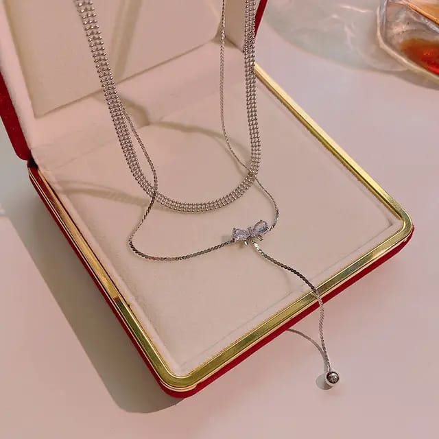 Bow Drop Dual Chain Choker Necklace