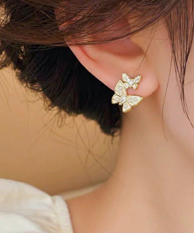 Dual Butterfly Drip Glaze Pearl Stud Earrings