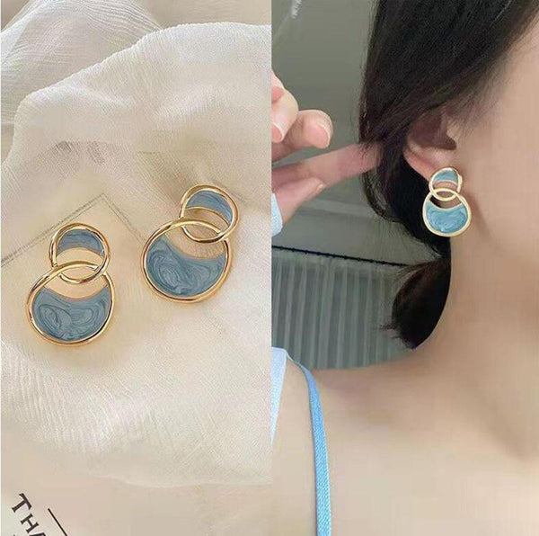 Blue Enamelled Double Arc Cross Enamel Stud Earring