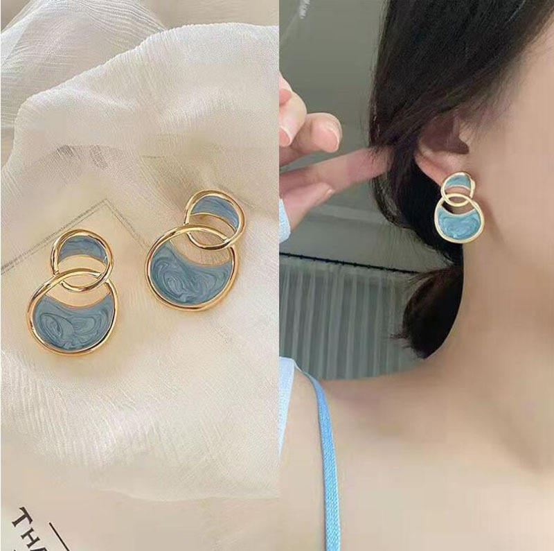 Blue Enamelled Double Arc Cross Enamel Stud Earring
