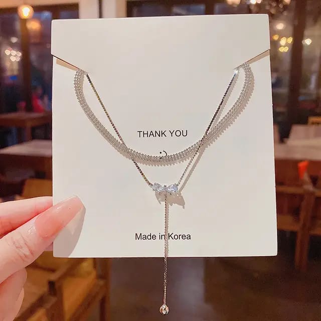 Bow Drop Dual Chain Choker Necklace
