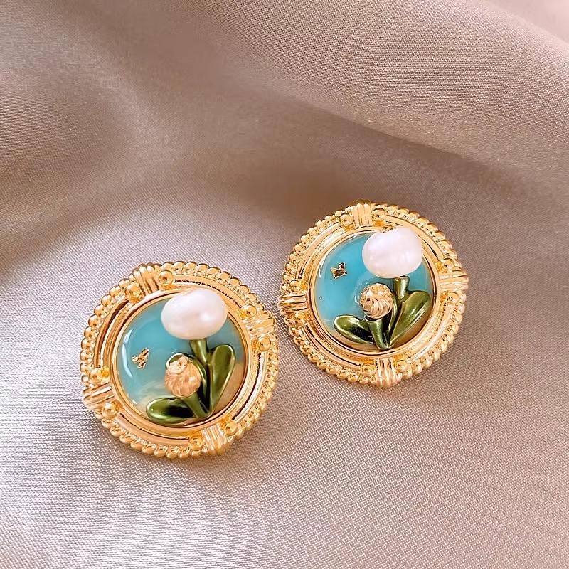 Vintage Monet Garden Styled Oil Painting Stud Earrings