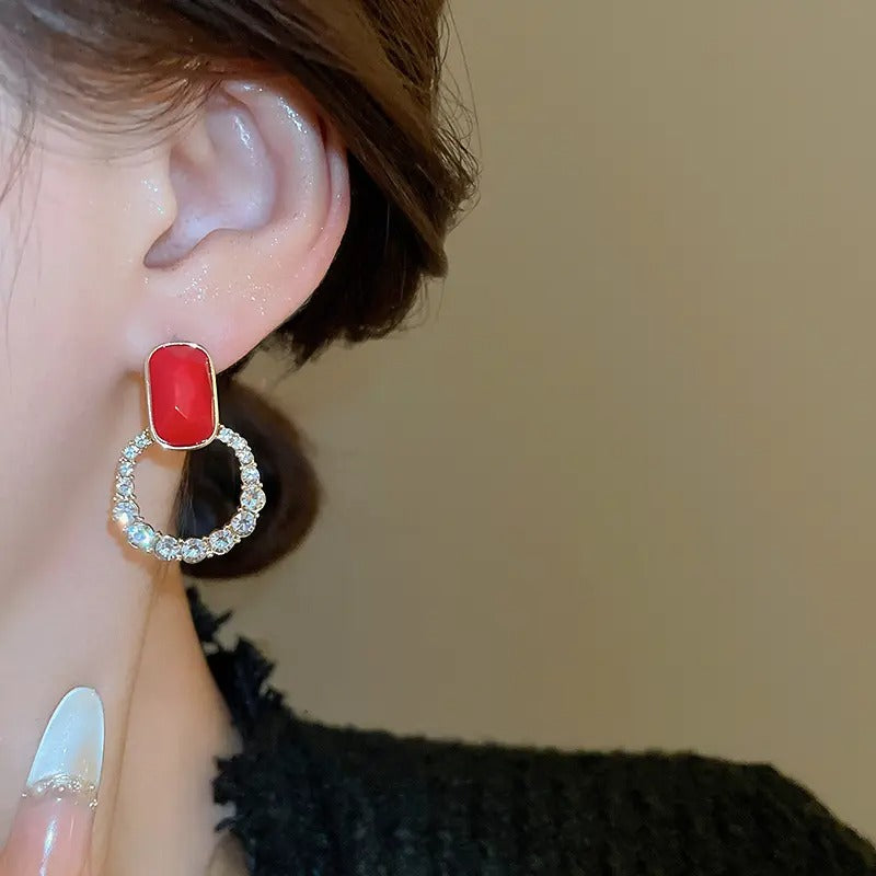 Geometric Hollow Gem Stud Earrings red stone earnning