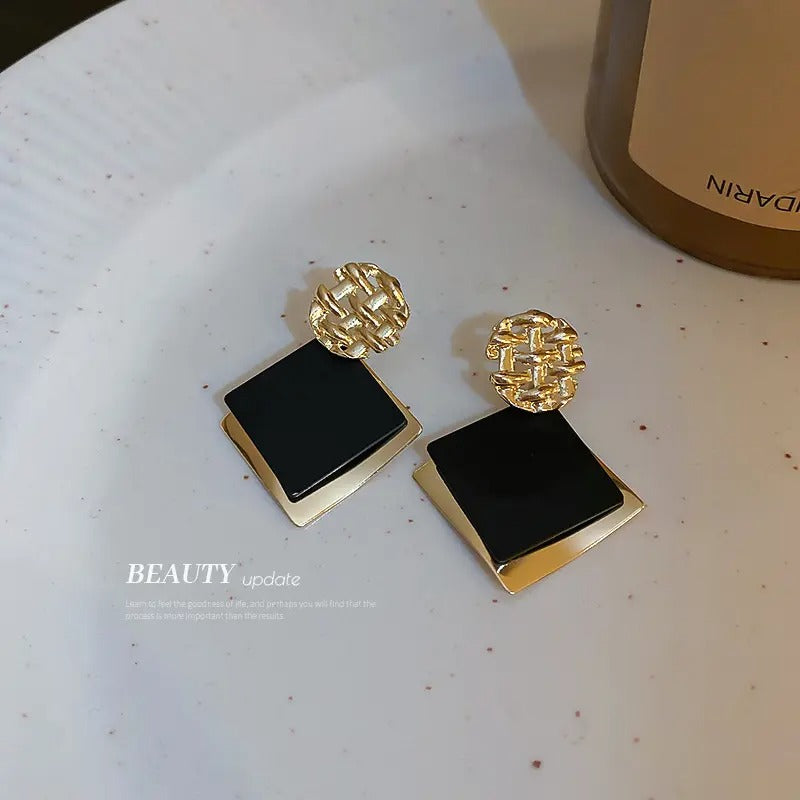 Black & Gold Geometric Square Drop Earrings