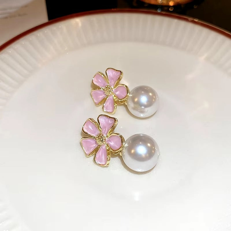 Pink Enamel Petal Flower Pearl Stud Earrings