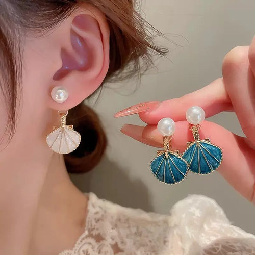 2 Combo Pack Pearl Oil Drip Shell Drop Earrings