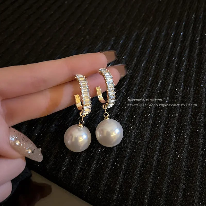 Clip Diamond Hoop Pearl Drop Earrings