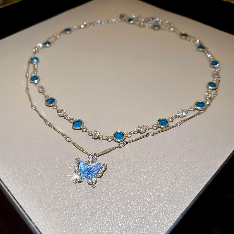Two Layer Blue Theme Butterfly & Stone Necklace