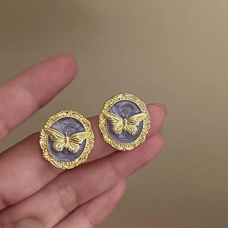 Vintage Retro Gold Butterfly Enamel Stud Earrings