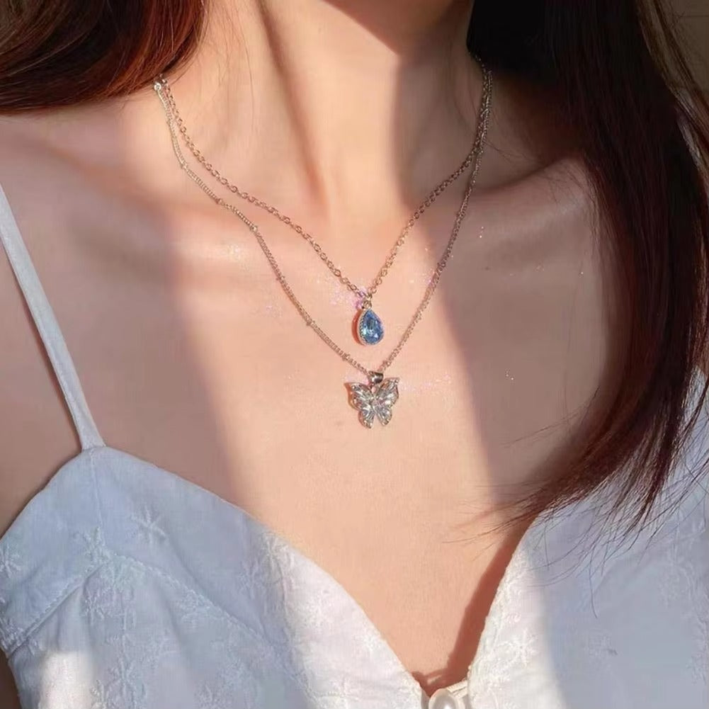 Dual Chain Butterly & Blue Stone Necklace