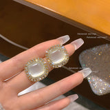 Sparkling Rhinestone Opal Square Stud Earrings