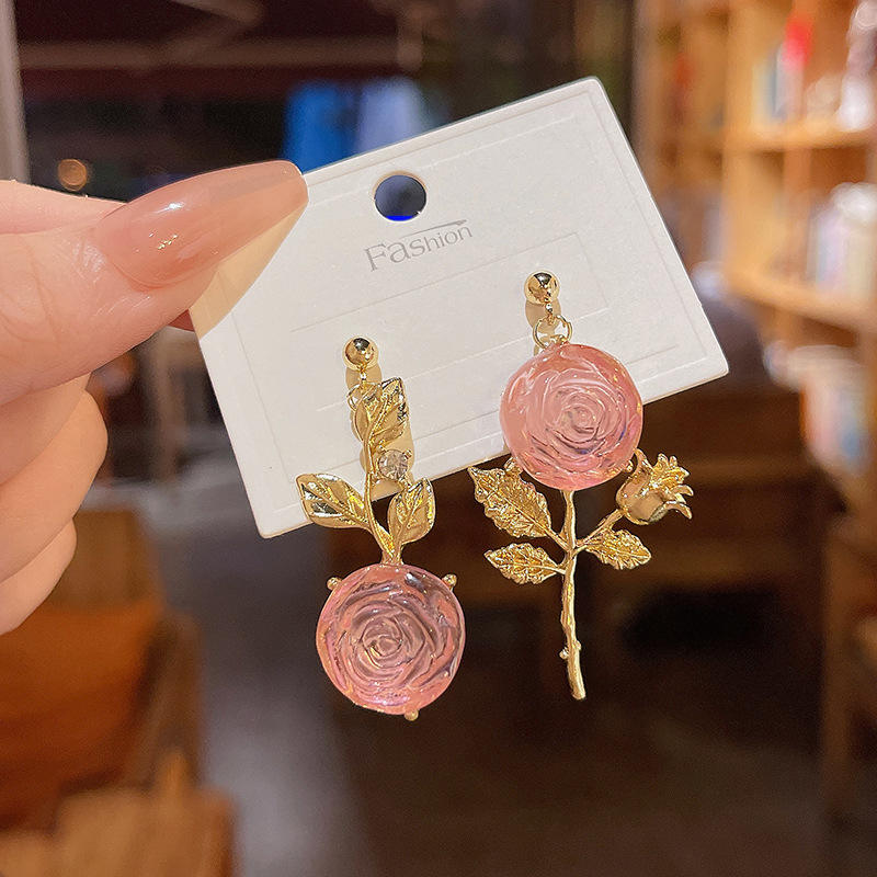 Sweet Pink Rose Asymmetric Earrings