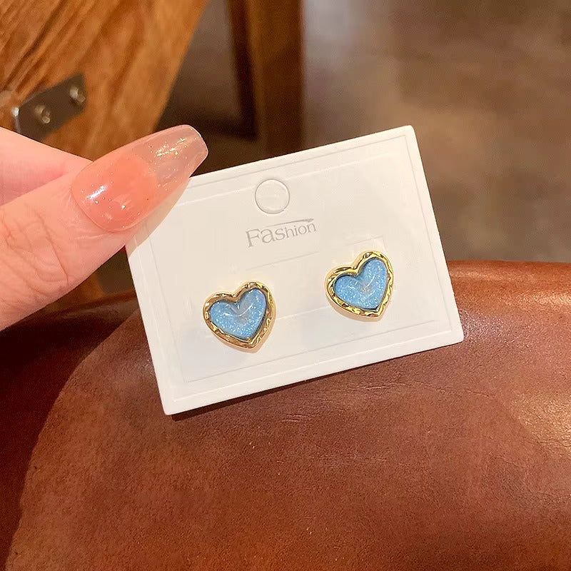 Korean Blue Heart Stud Earrings