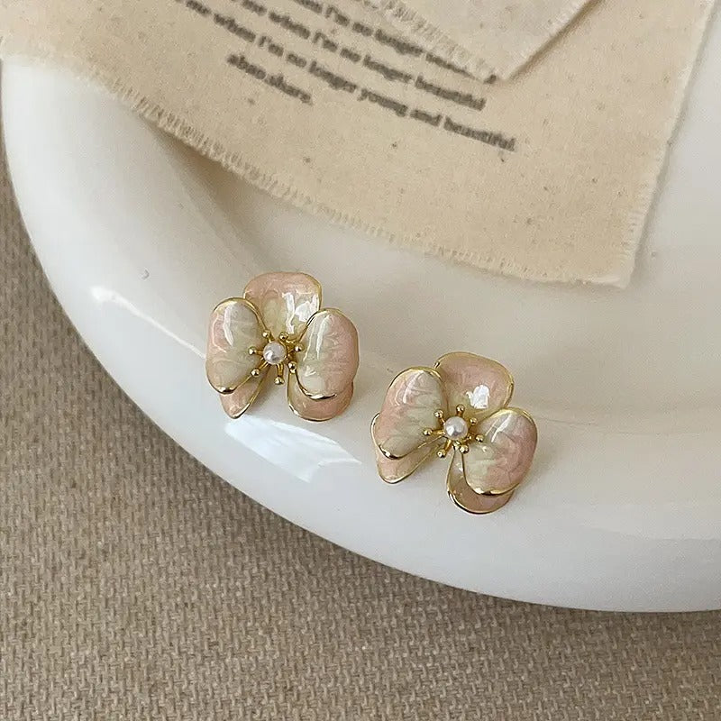 Enamel Oil-dripping Gold Plated Flower Earrings