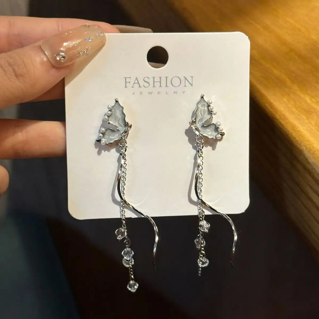 Blue Butterfly Tasssel Twisted Earrings