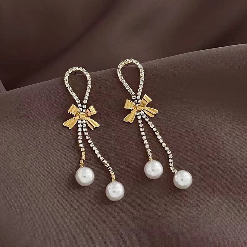 Stone-Chain Bowknot Pearl Long Earring