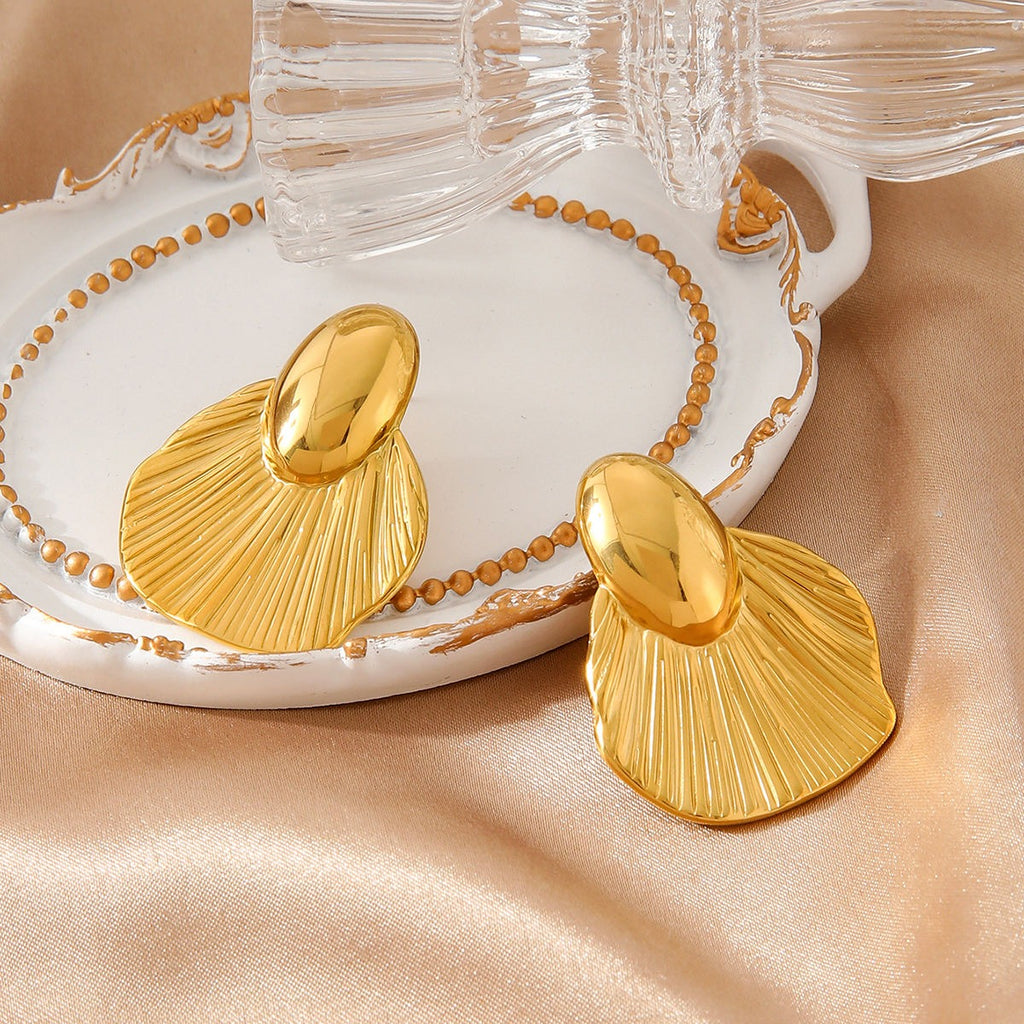 Golden Leaf Texture Style Stud Earrings