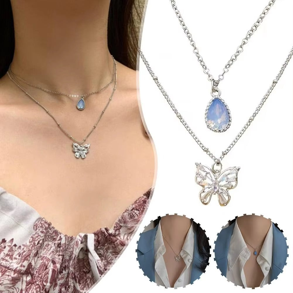 Dual Chain Butterly & Blue Stone Necklace