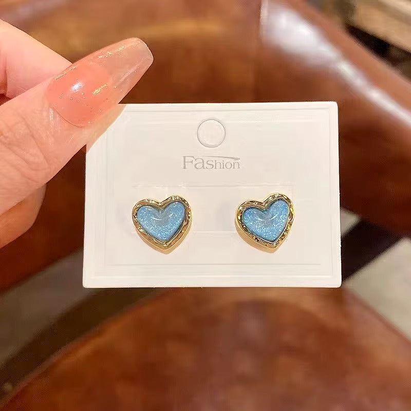 Korean Blue Heart Stud Earrings