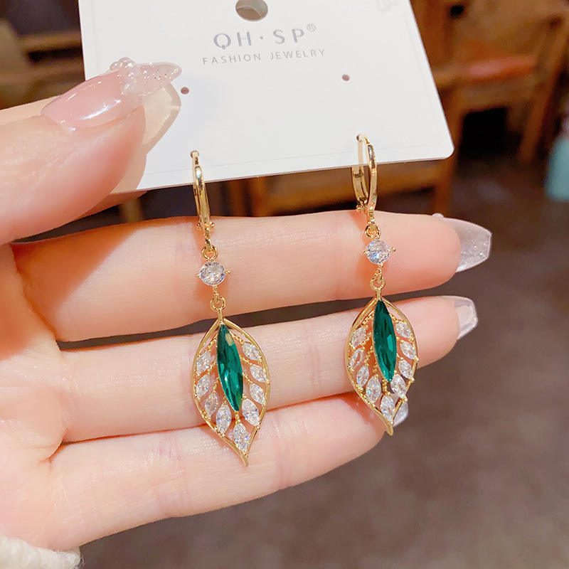 Green Rhinestone Leaf Drop Earrings