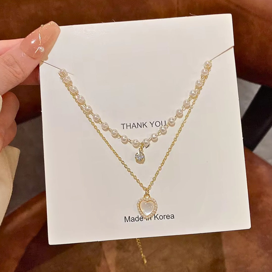 Double Layer Pearl Chain Heart Necklace