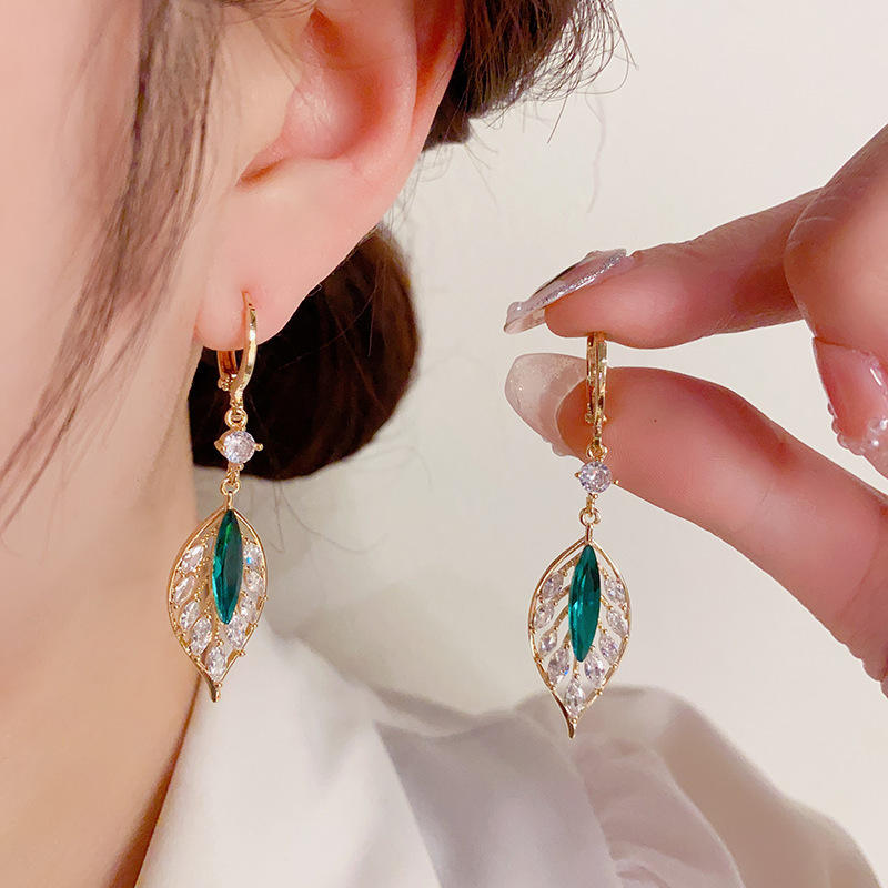 Green Rhinestone Leaf Drop Earrings