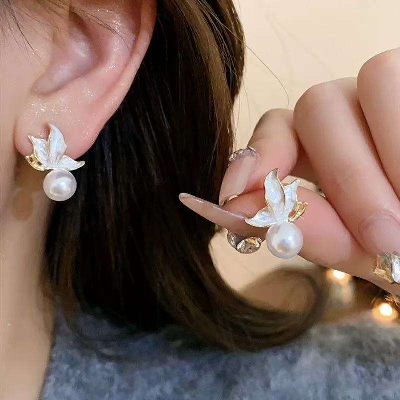 Enamel Butterfly Pearl Stud Earrings