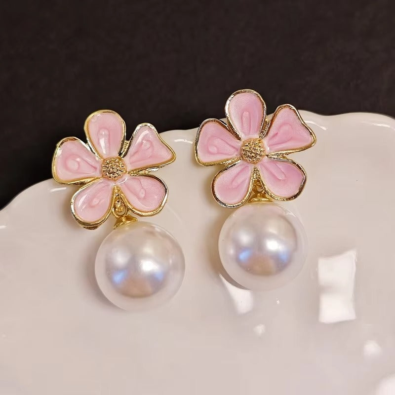 Pink Enamel Petal Flower Pearl Stud Earrings